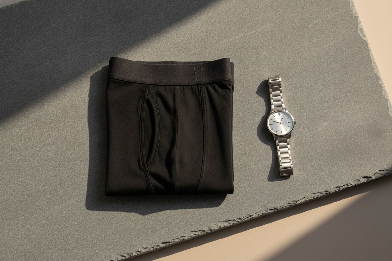The Boxer Brief on stone with watch